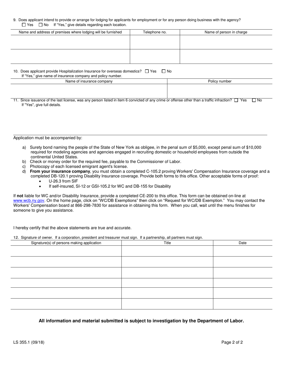 Form LS355.1 Application for Renewal of Employment Agency License - New York, Page 2