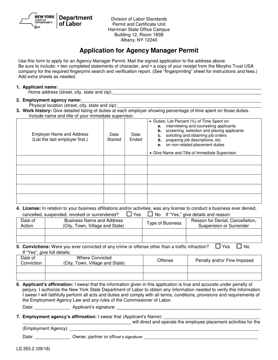 Form LS355.2 Application for Agency Manager Permit - New York, Page 1