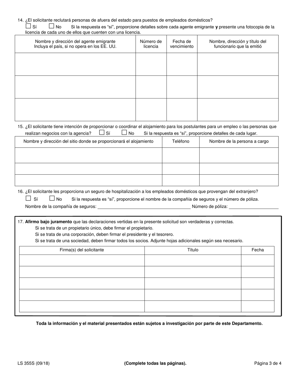 Formulario LS355S Solicitud De Licencia Para Agencia De Empleo - New York (Spanish), Page 3