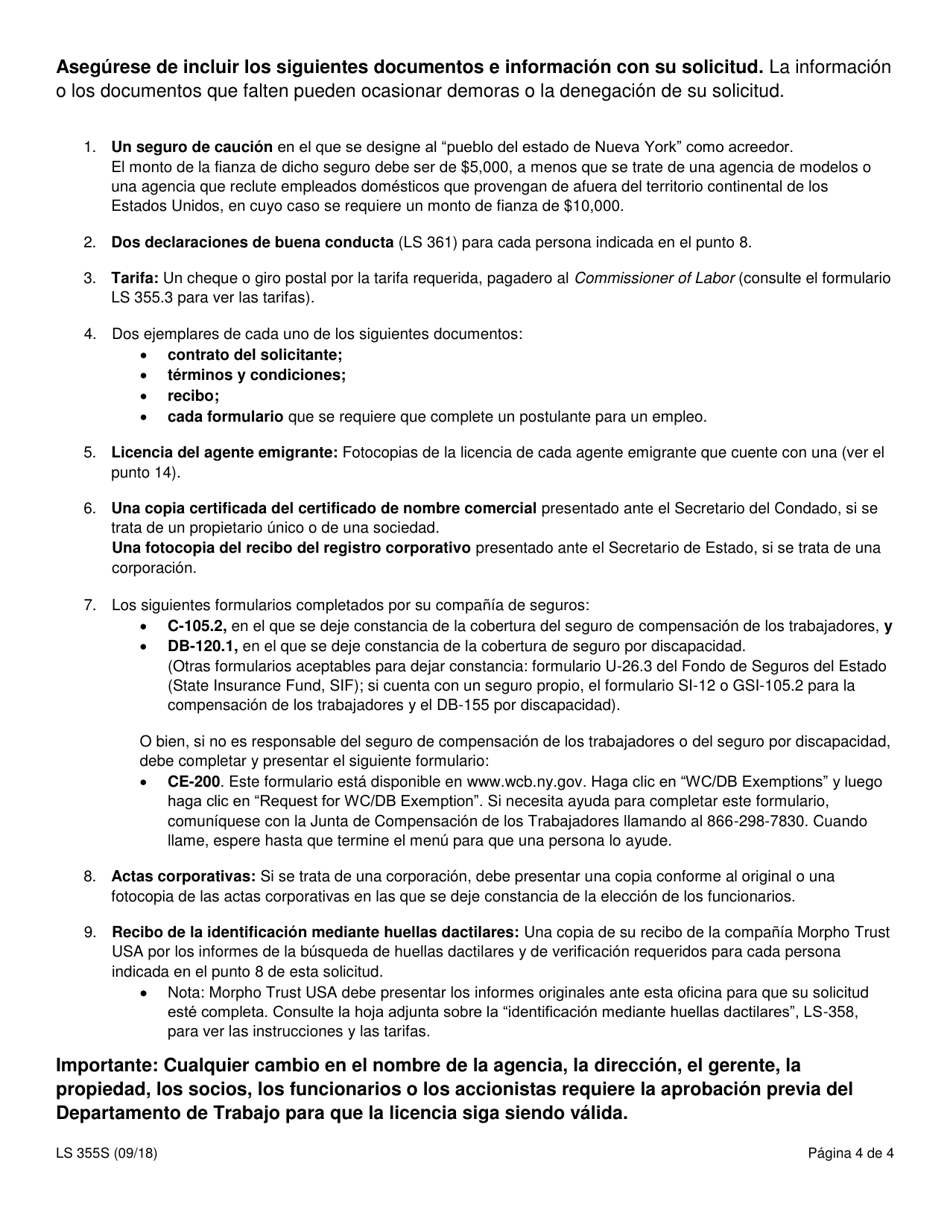 Formulario LS355S Solicitud De Licencia Para Agencia De Empleo - New York (Spanish), Page 4