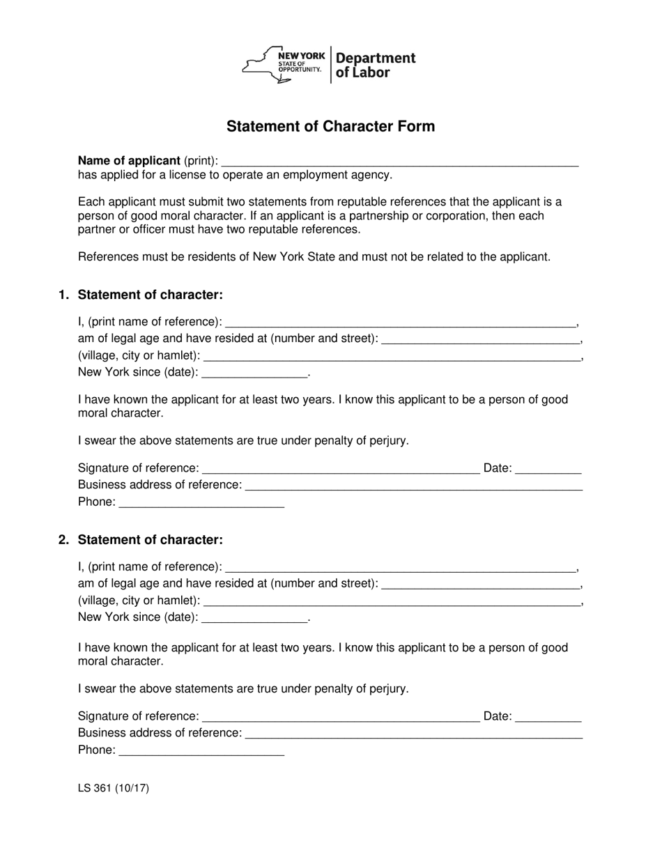 Form LS361 Statement of Character Form - New York, Page 1