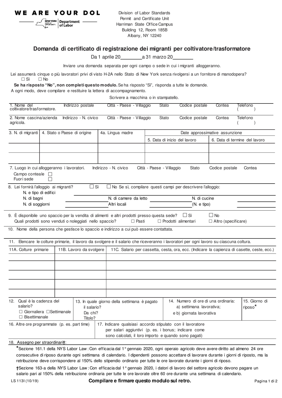 Form LS113I Application for Growers / Processor Certificate of Migrant Registration - New York (Italian), Page 1