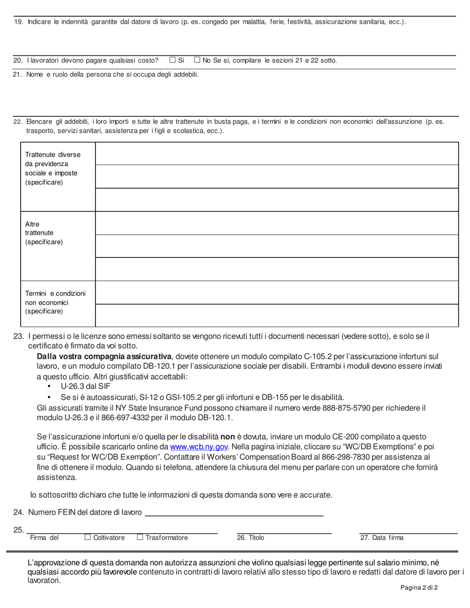 Form LS113I Application for Growers / Processor Certificate of Migrant Registration - New York (Italian), Page 2