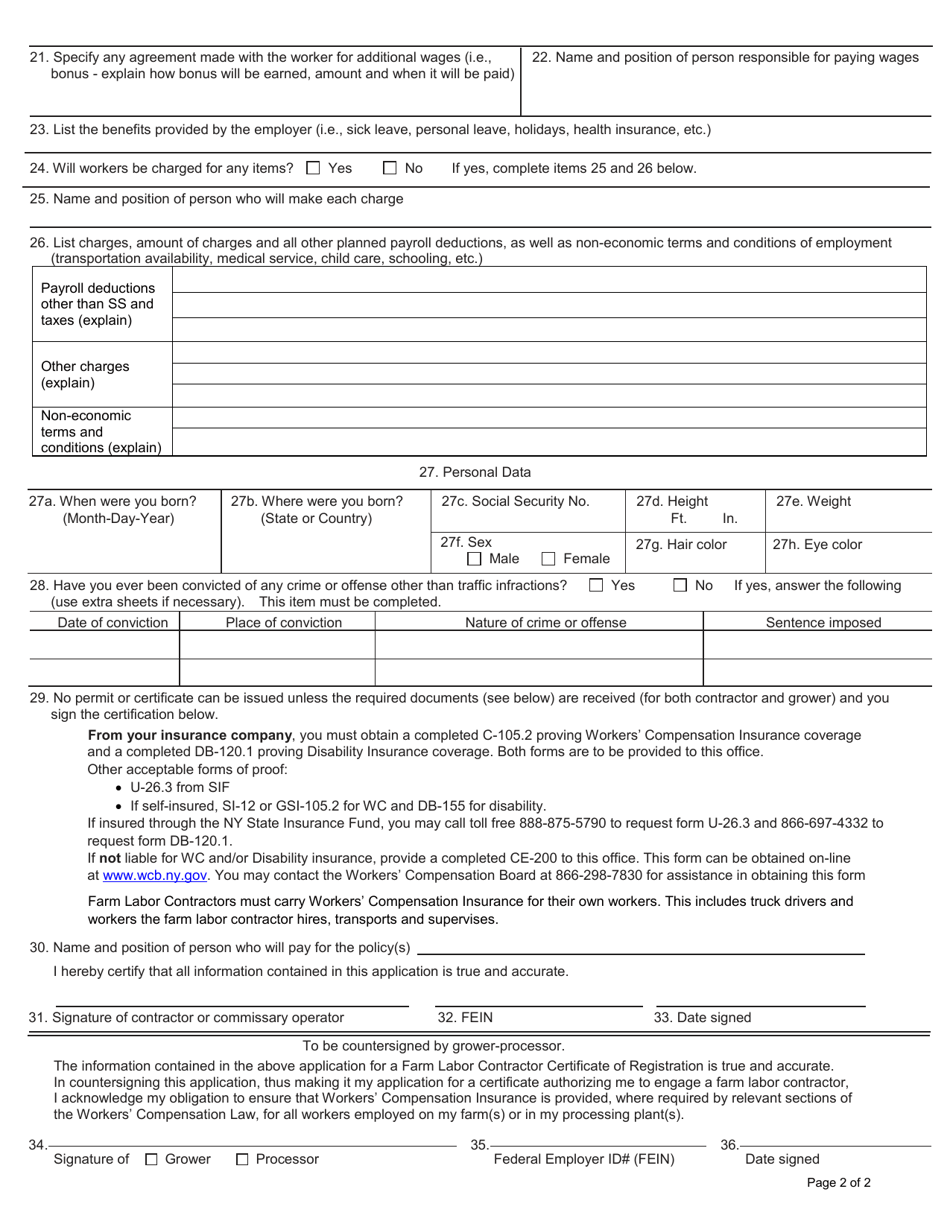 Form LS113.1 Application for Farm Labor Contractor Certificate of Registration / Application for Farm Labor Camp Commissary Permit - New York, Page 2