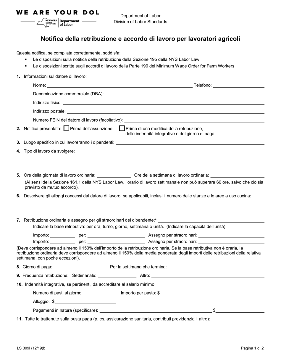 Form LS309I Pay Notice and Work Agreement for Farm Workers - New York (Italian), Page 1