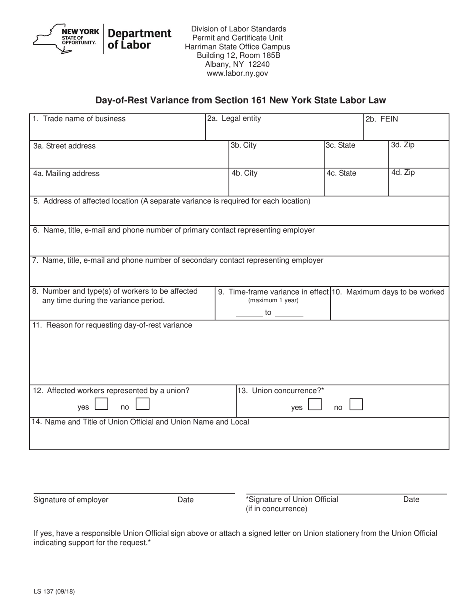 Form LS137 Day-Of-Rest Variance From Section 161 New York State Labor Law - New York, Page 1