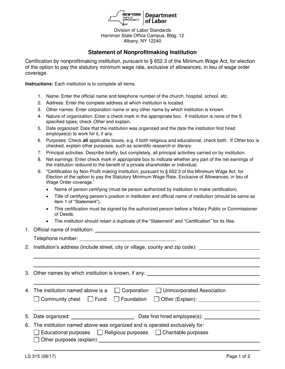 Form Ls315 - Fill Out, Sign Online And Download Printable Pdf, New York 