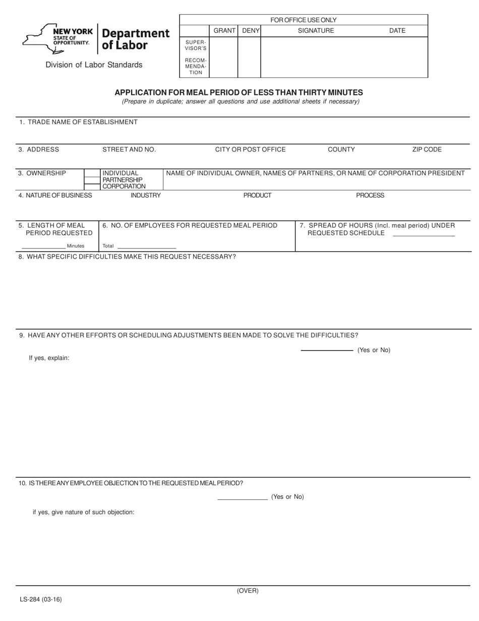 Form LS284 Application for Meal Period of Less Than Thirty Minutes - New York, Page 1