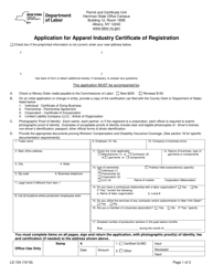 Form LS154 Application for Apparel Industry Certificate of Registration - New York