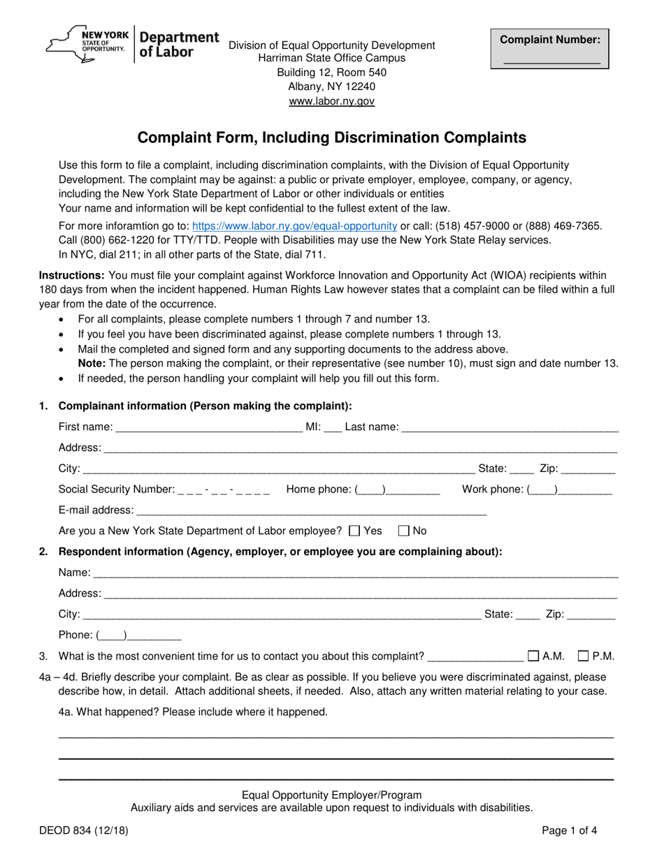 Form DEOD834 Complaint Form, Including Discrimination Complaints - New York, Page 1