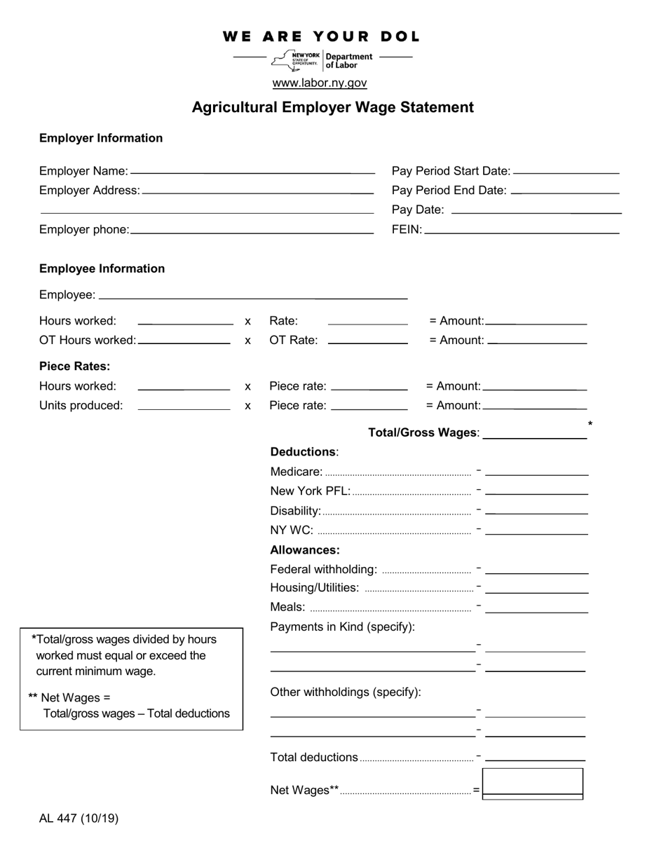 Form AL447 Agricultural Employer Wage Statement - New York, Page 1