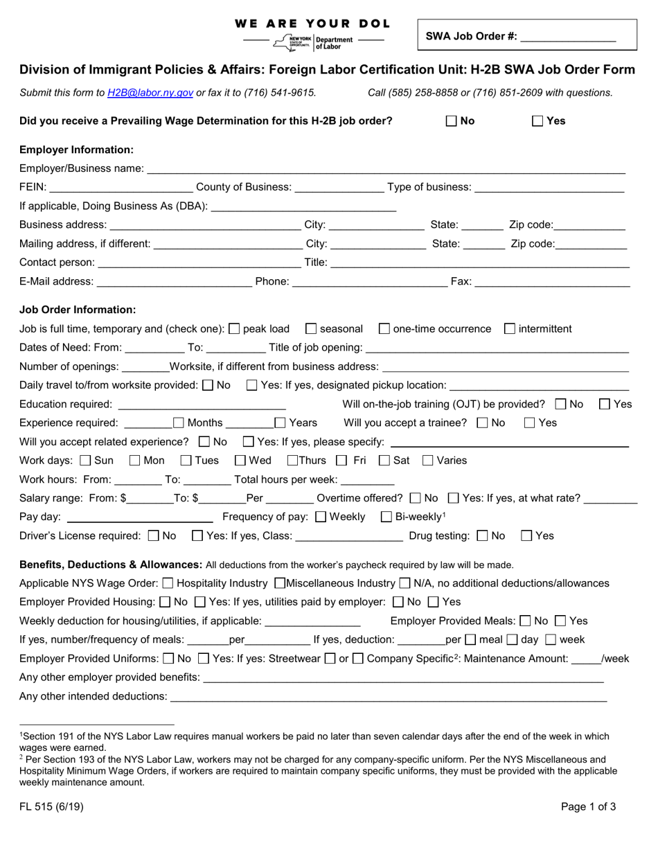 Form FL515 Division of Immigrant Policies  Affairs: Foreign Labor Certification Unit: H-2b Swa Job Order Form - New York, Page 1