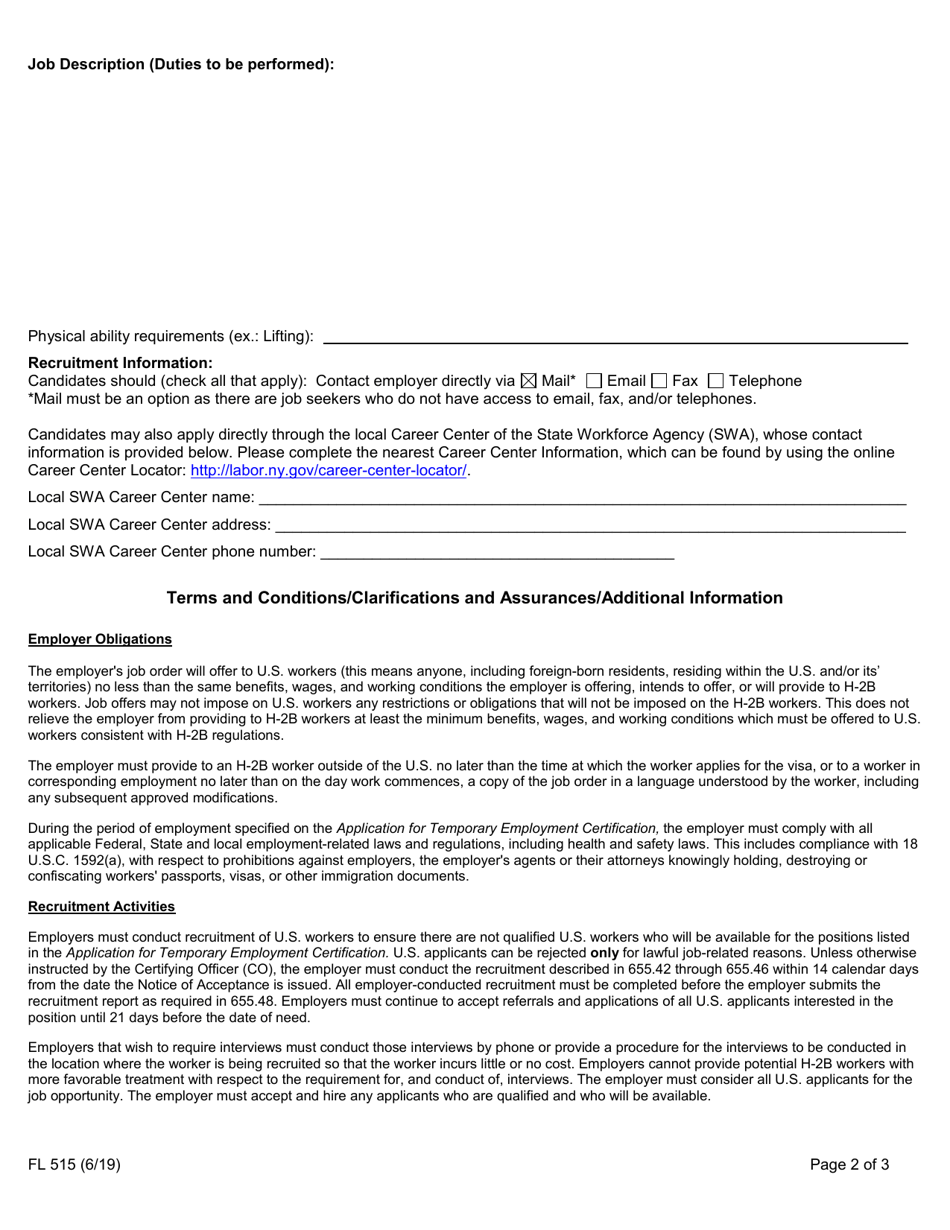 Form FL515 Division of Immigrant Policies  Affairs: Foreign Labor Certification Unit: H-2b Swa Job Order Form - New York, Page 2