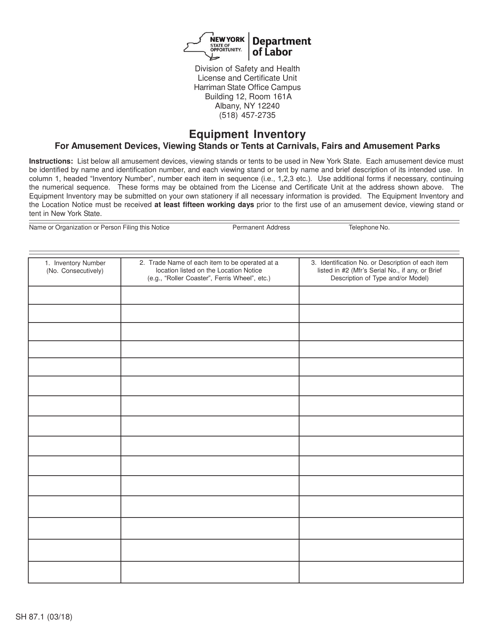 Form SH87.1 Equipment Inventory for Amusement Devices, Viewing Stands or Tents at Carnivals, Fairs and Amusement Parks - New York