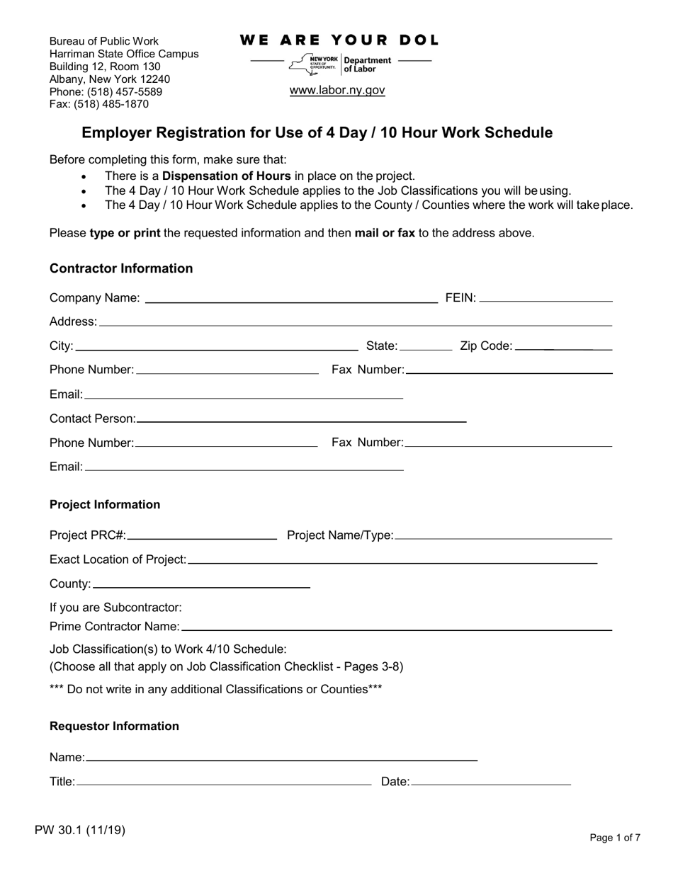 Form PW30.1 Employer Registration for Use of 4 Day / 10 Hour Work Schedule - New York, Page 1