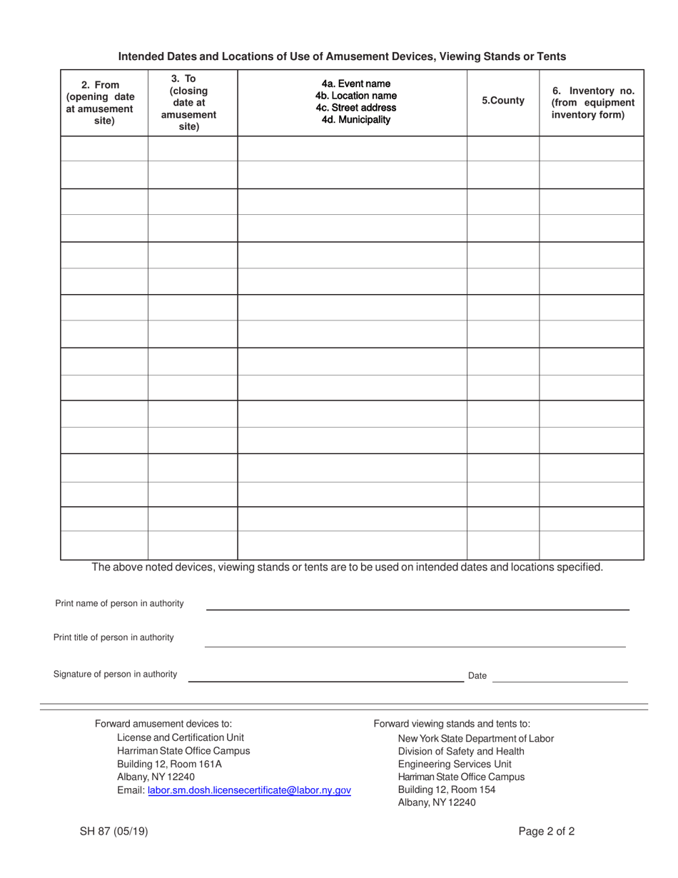 Form SH87 Location Notice for Amusement Devices, Viewing Stands or Tents at Carnivals, Fairs and Amusement Parks - New York, Page 2