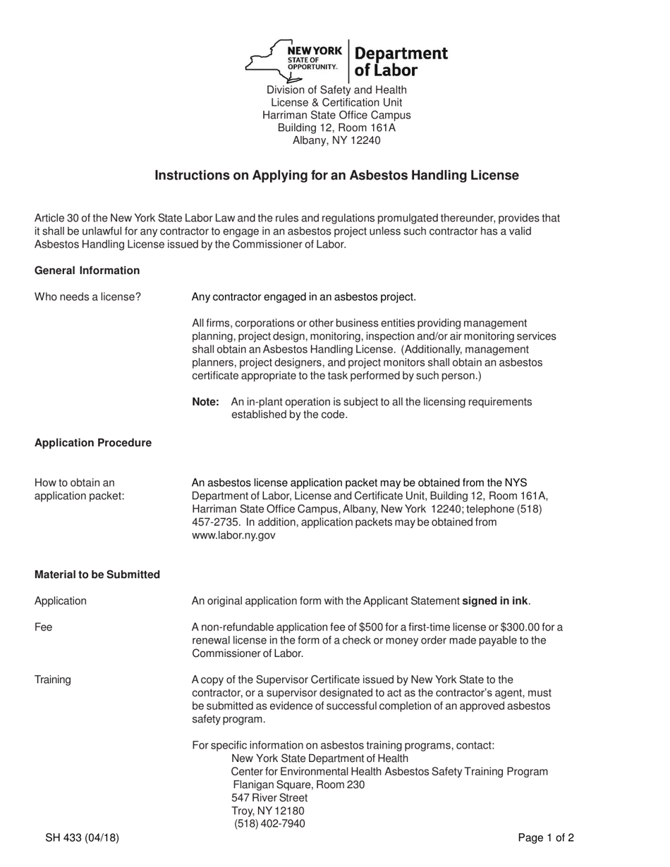 Instructions for Form SH430 Application for an Asbestos Handling License - New York, Page 1