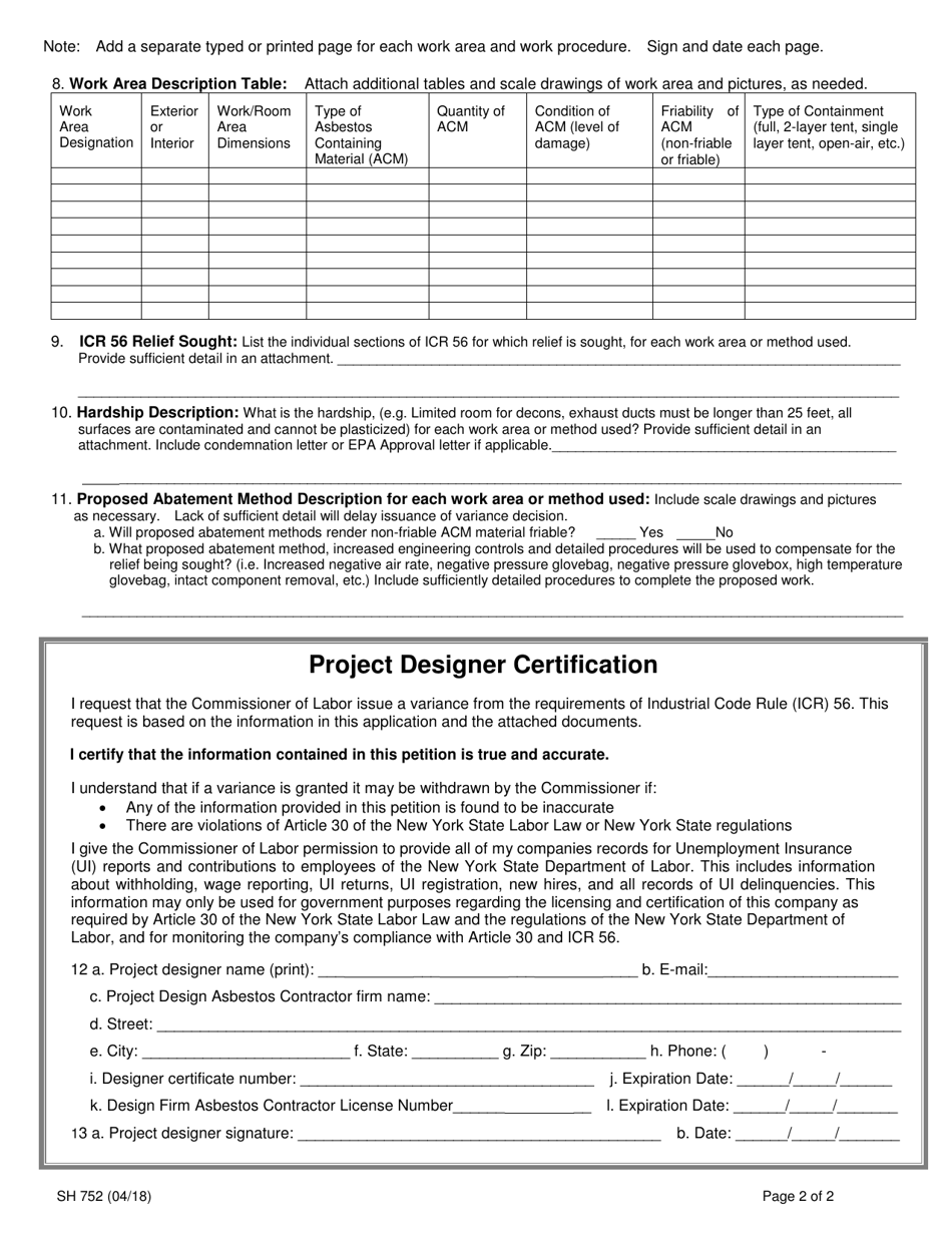 Form SH752 Petition for an Asbestos Variance - New York, Page 2