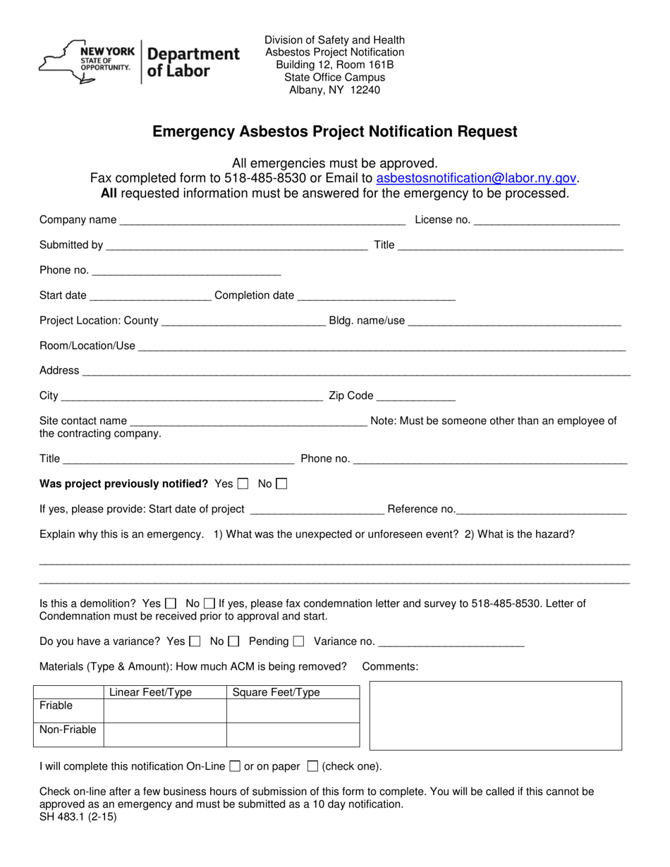 Form SH483.1 Emergency Asbestos Project Notification Request - New York, Page 1
