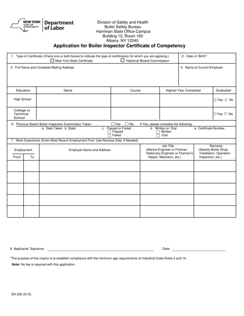 Form SH332 Application for Boiler Inspector Certificate of Competency - New York