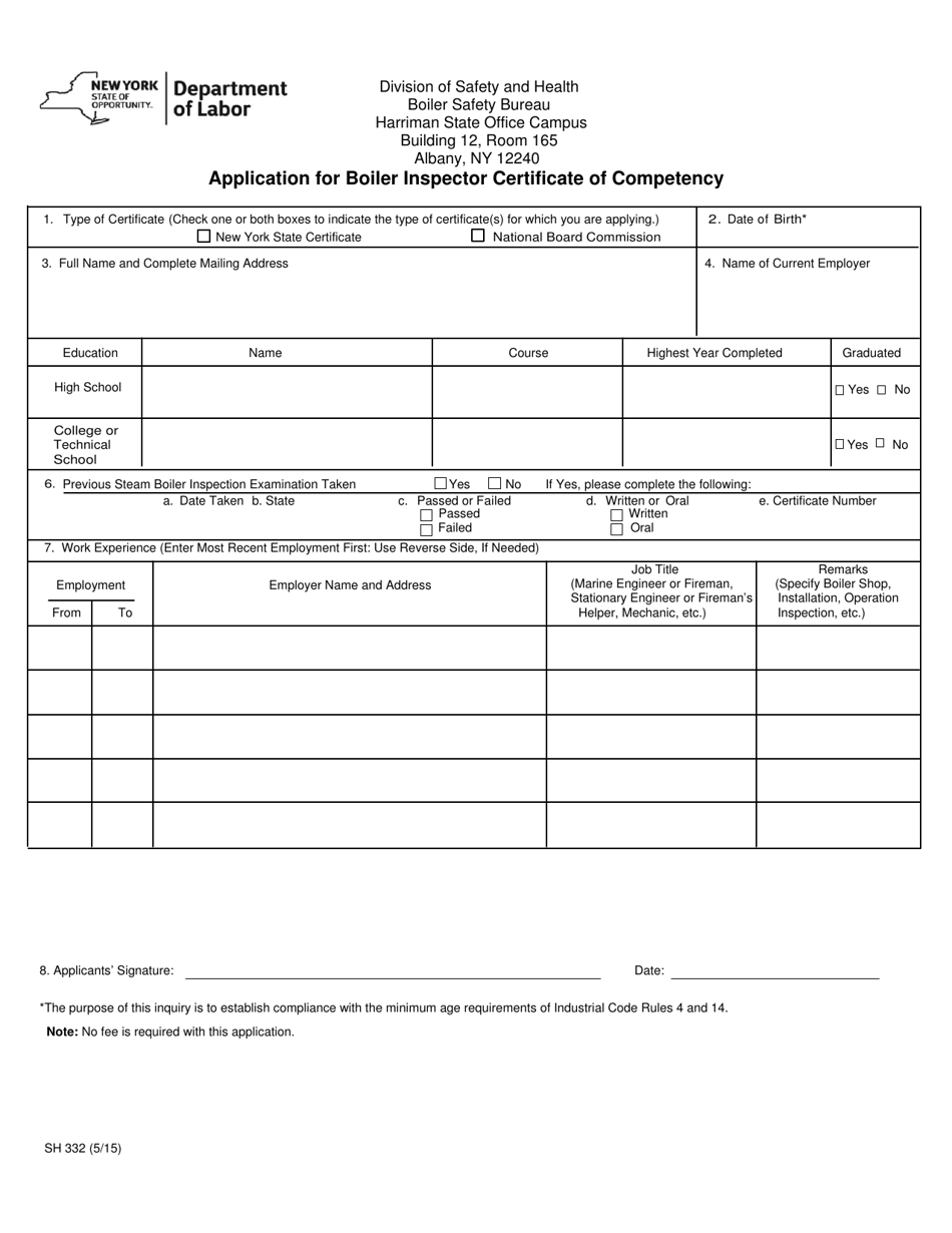 Form SH332 Application for Boiler Inspector Certificate of Competency - New York, Page 1