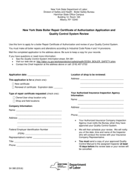 Document preview: Form SH380 New York State Boiler Repair Certificate of Authorization Application and Quality Control System Review - New York