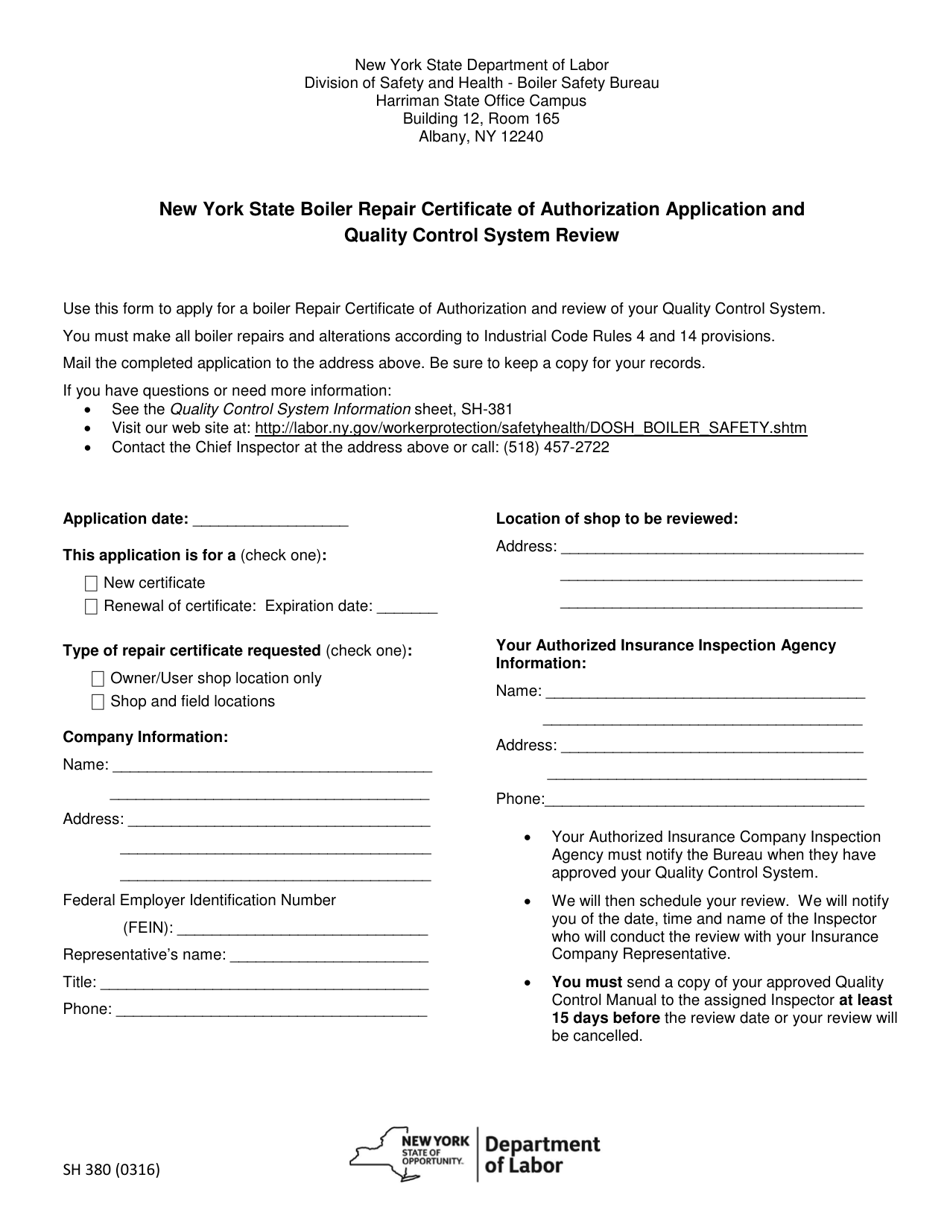 Form SH380 New York State Boiler Repair Certificate of Authorization Application and Quality Control System Review - New York, Page 1
