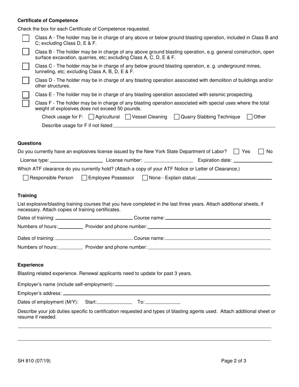 Form SH810 Application for a Blasters Certificate of Competence - New York, Page 2
