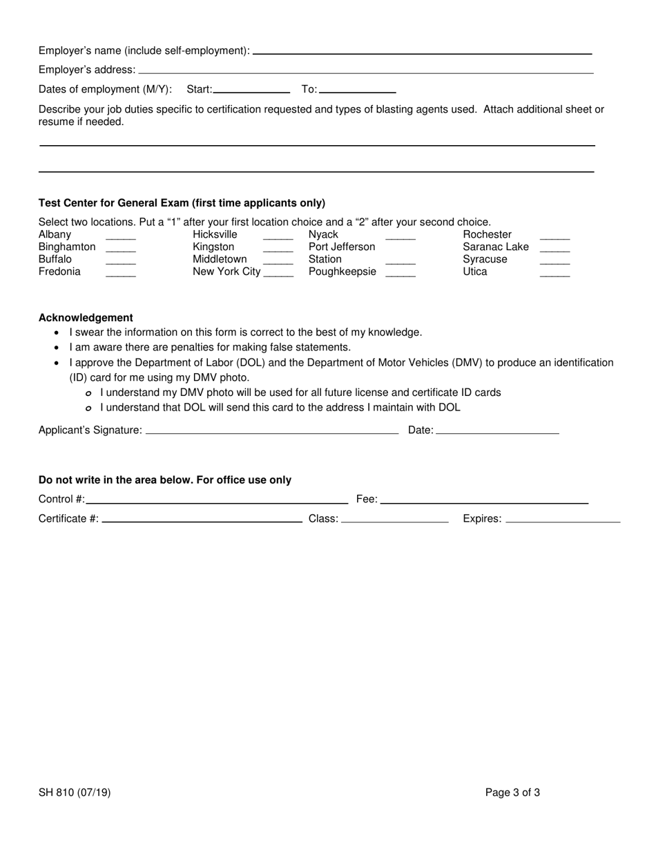 Form SH810 Application for a Blasters Certificate of Competence - New York, Page 3