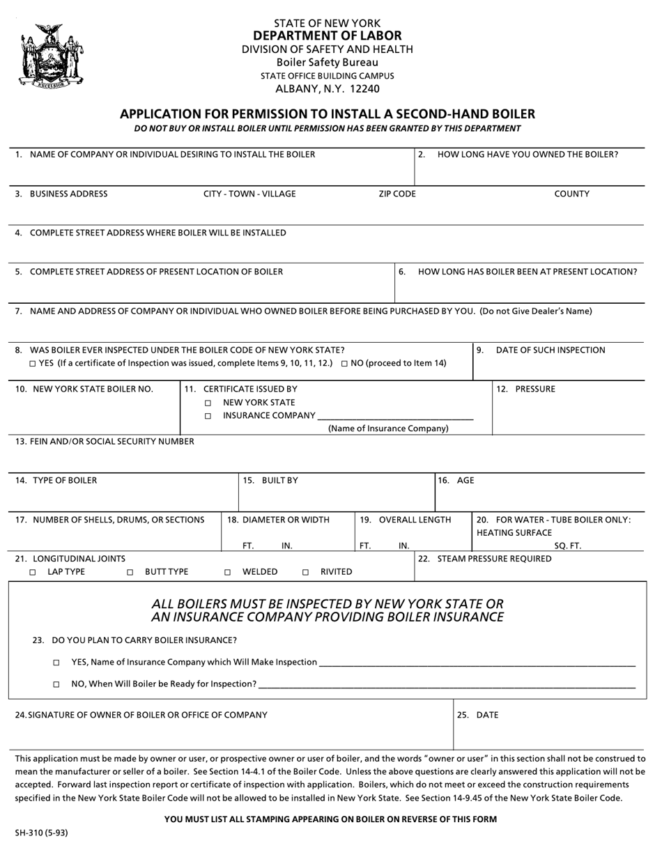 Form SH-310 Application for Permission to Install a Second-Hand Boiler - New York, Page 1