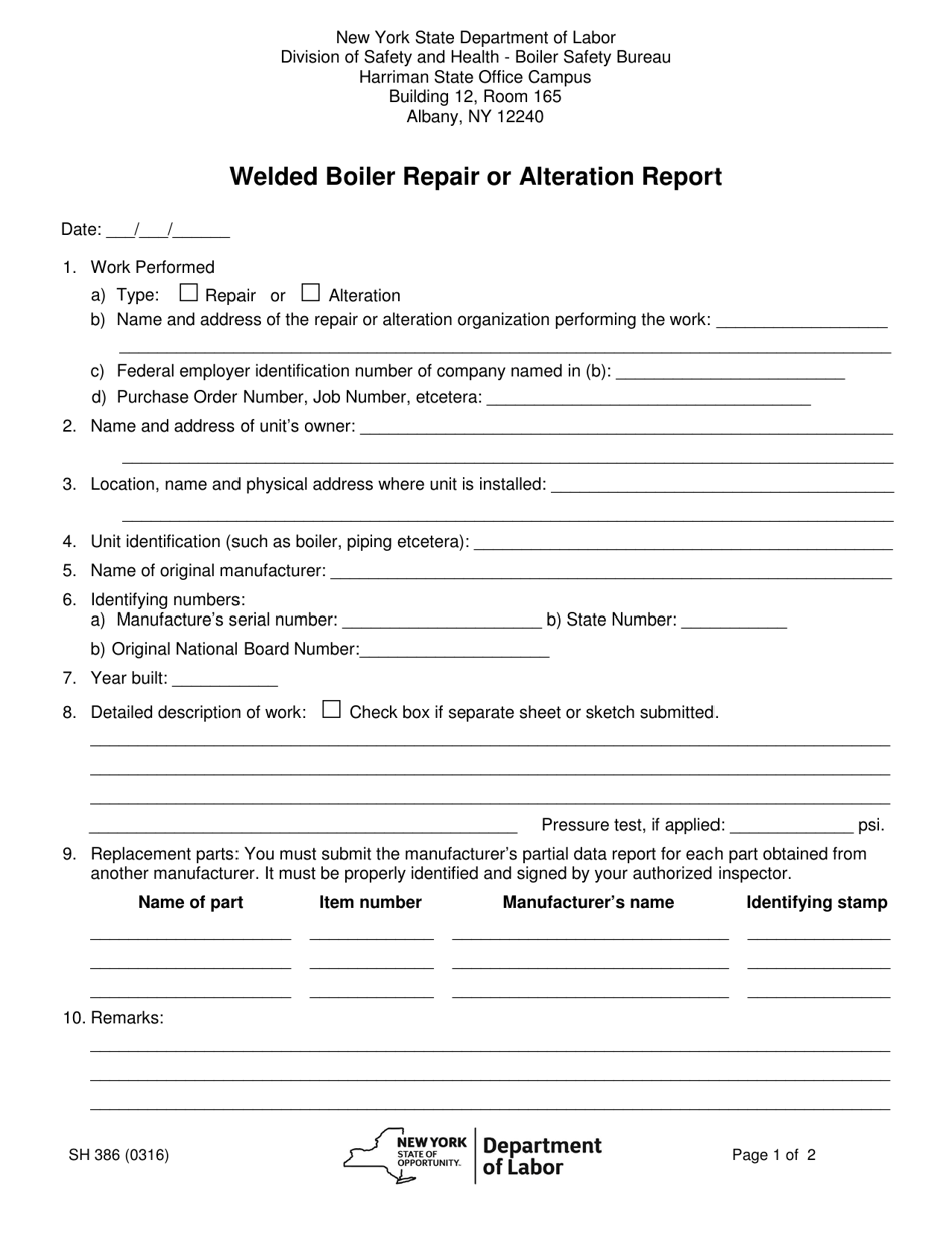 Form SH386 Welded Boiler Repair or Alteration Report - New York, Page 1