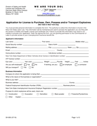 Form SH850 &quot;Application for License to Purchase, Own, Possess and/or Transport Explosives&quot; - New York