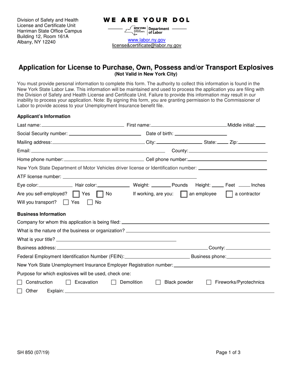 Form SH850 Application for License to Purchase, Own, Possess and / or Transport Explosives - New York, Page 1