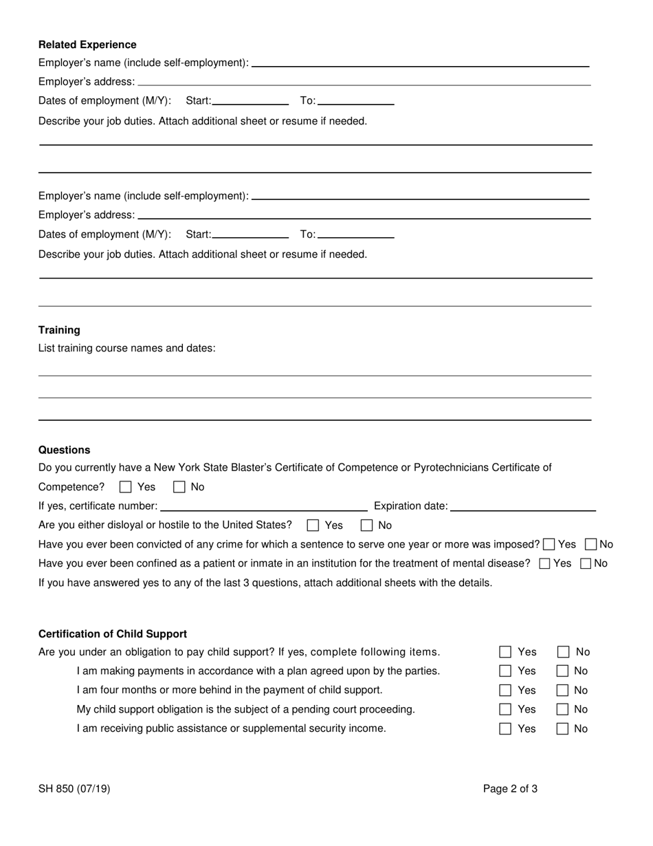 Form SH850 Application for License to Purchase, Own, Possess and / or Transport Explosives - New York, Page 2