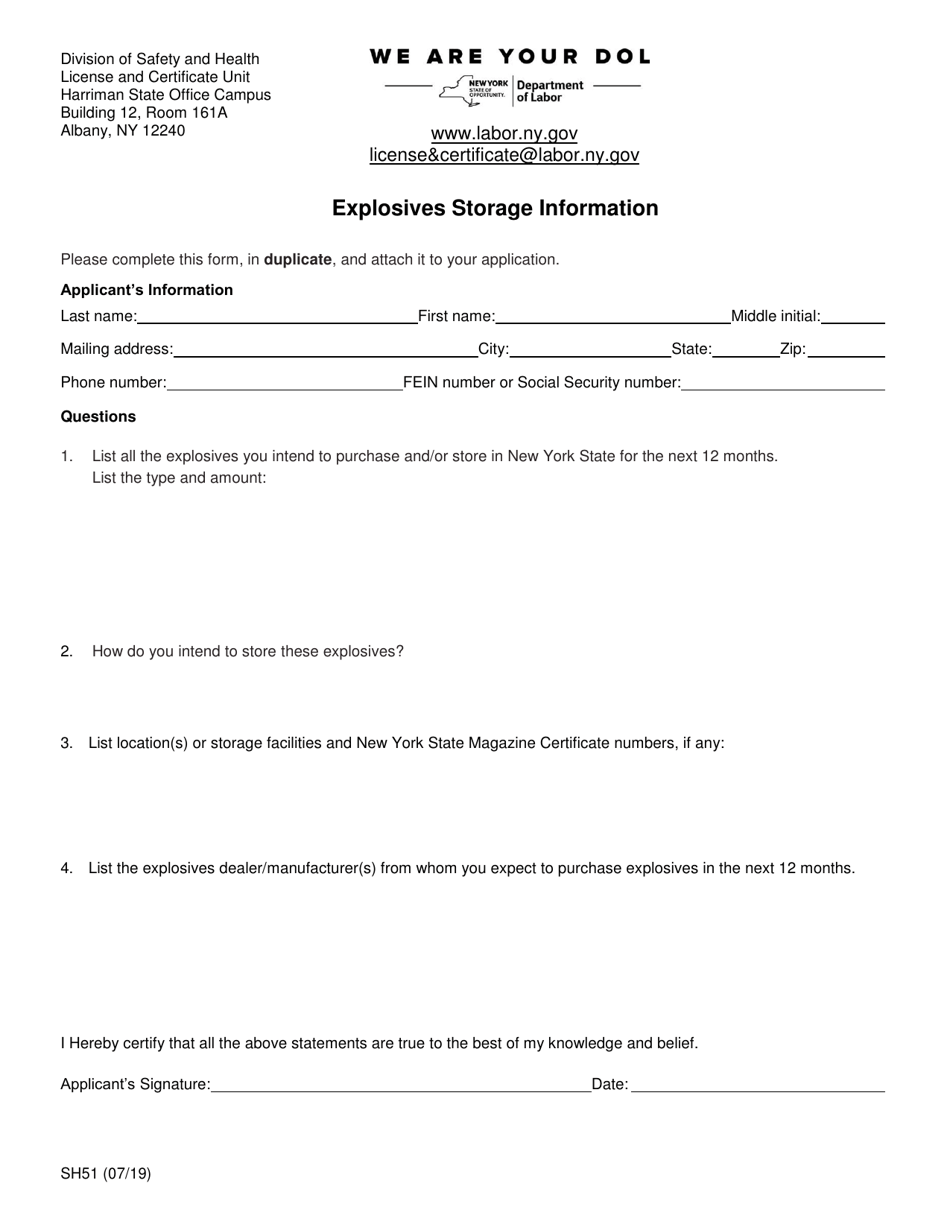 Form SH51 Explosives Storage Information - New York, Page 1