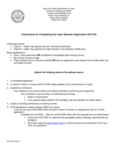 Form SH275  Printable Pdf