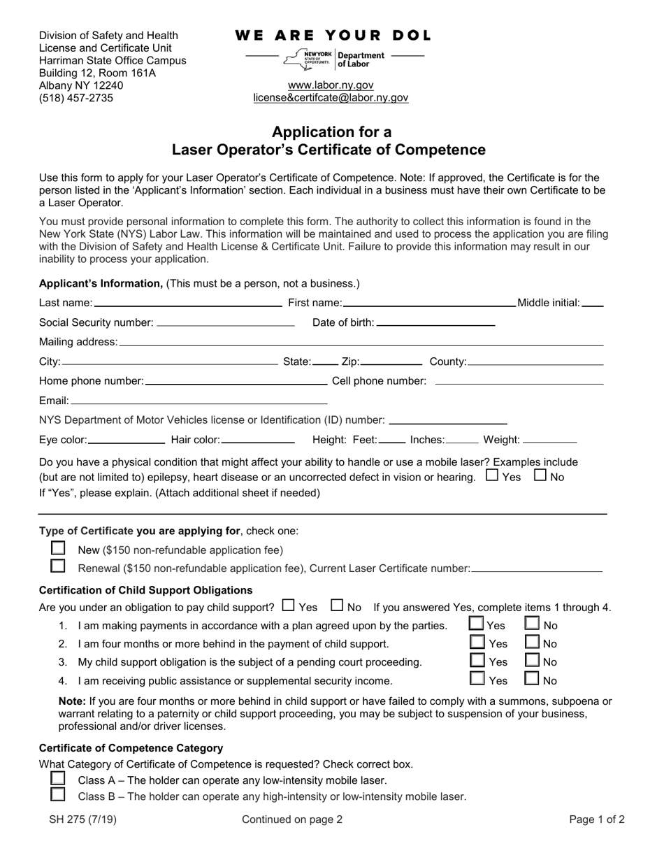 Form SH275 Application for a Laser Operators Certificate of Competence - New York, Page 1