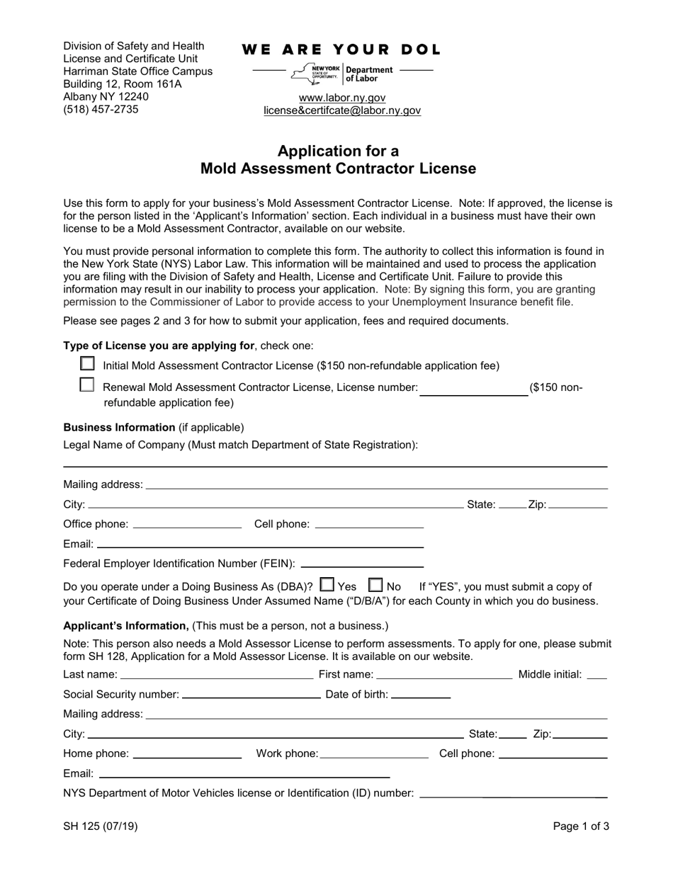 Form SH125 Application for a Mold Assessment Contractor License - New York, Page 1