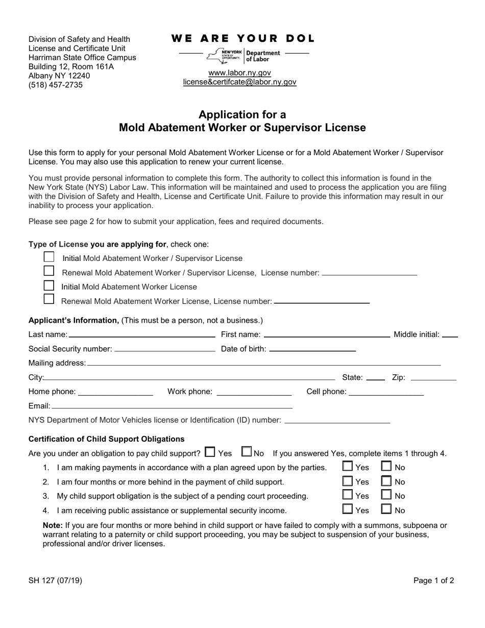 Form SH127 Application for a Mold Abatement Worker or Supervisor License - New York, Page 1
