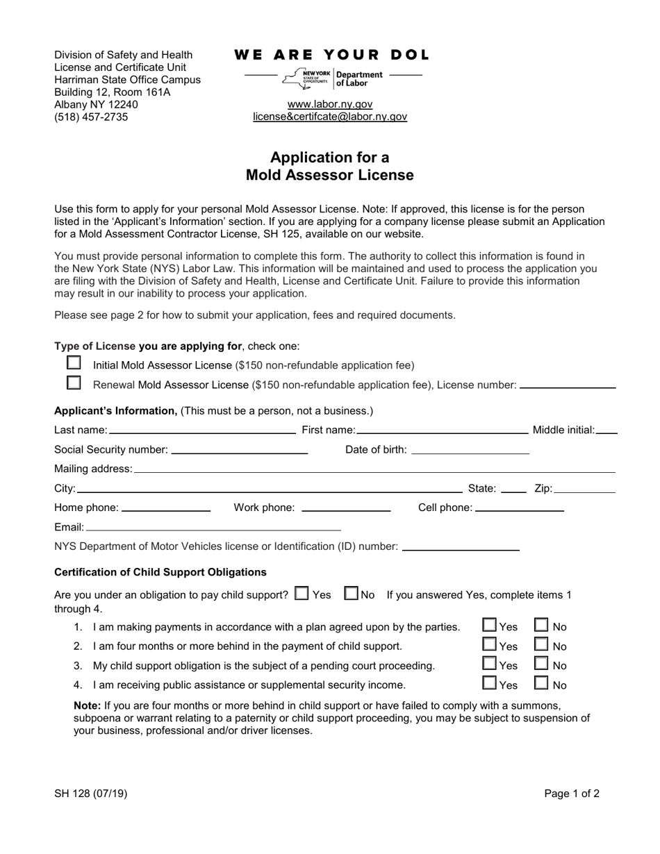 Form SH128 Application for a Mold Assessor License - New York, Page 1