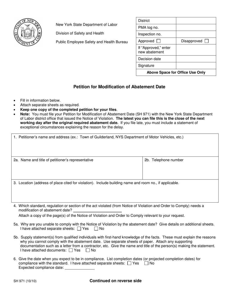 Form SH971 Petition for Modification of Abatement Date - New York, Page 1
