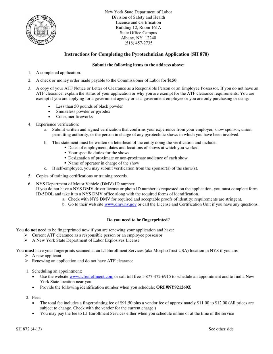 Instructions for Form SH870 Application for a Pyrotechnicians Certificate of Competence - New York, Page 1