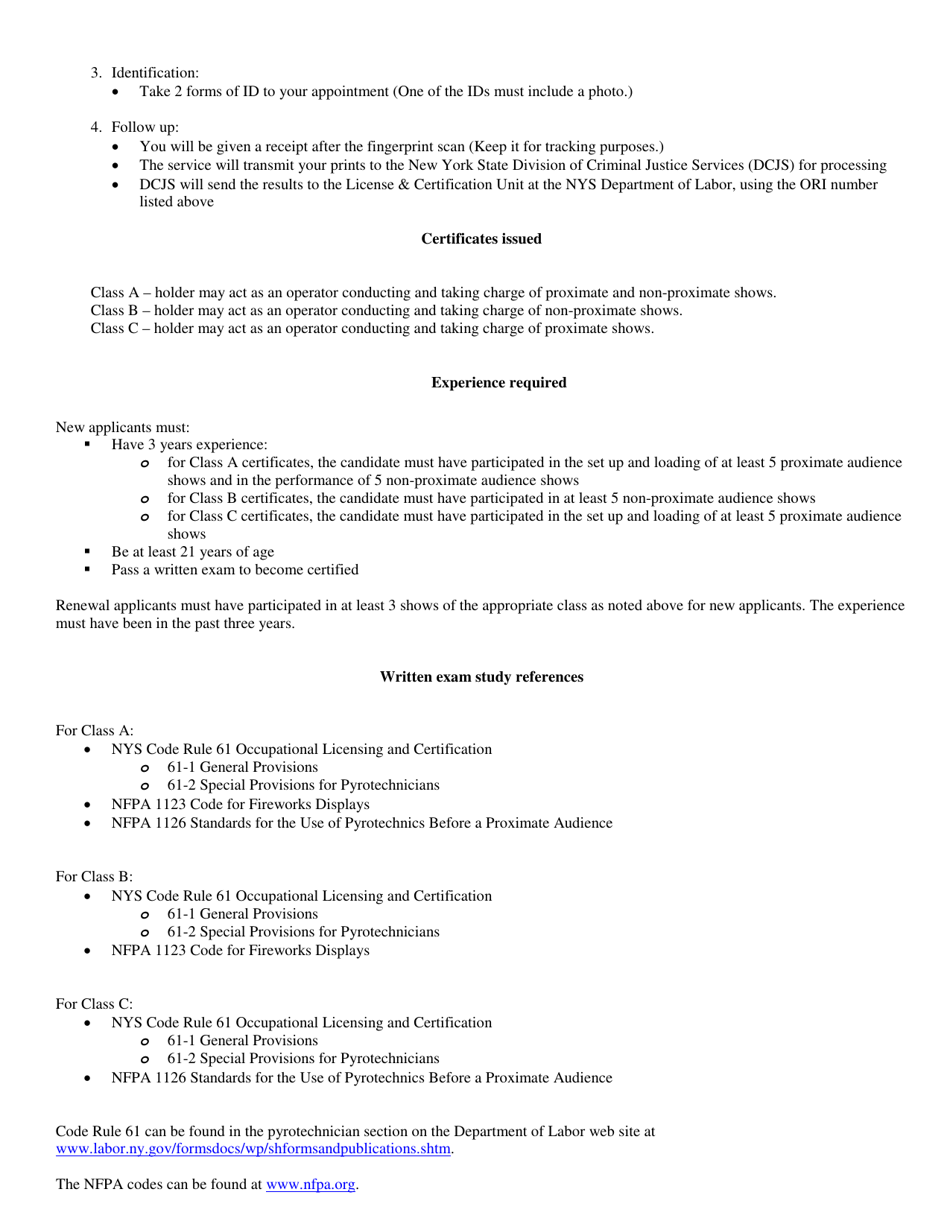 Instructions for Form SH870 Application for a Pyrotechnicians Certificate of Competence - New York, Page 2
