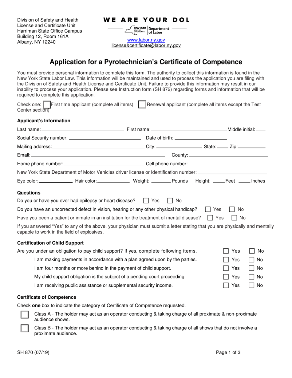 Form SH870 Application for a Pyrotechnicians Certificate of Competence - New York, Page 1
