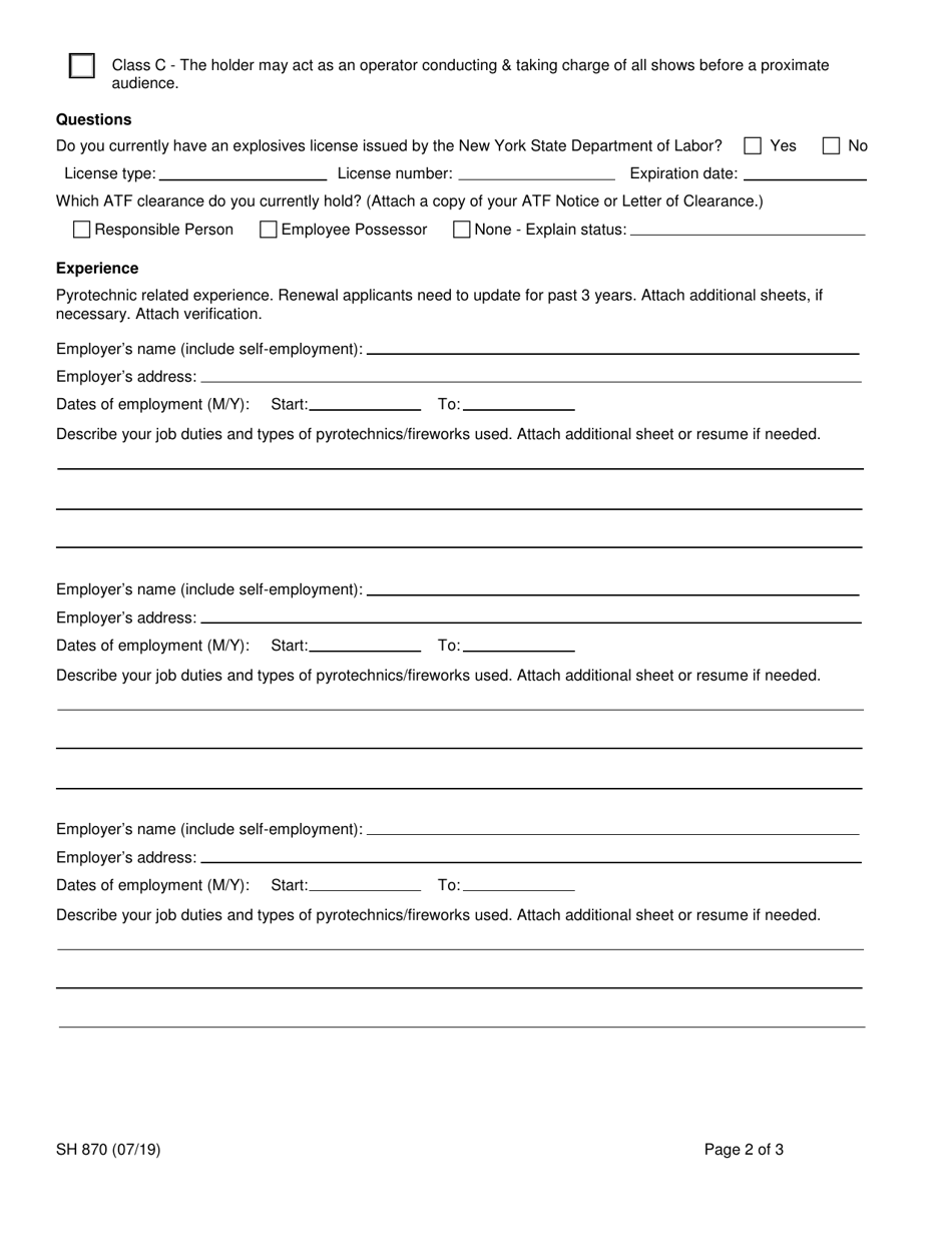 Form SH870 Application for a Pyrotechnicians Certificate of Competence - New York, Page 2