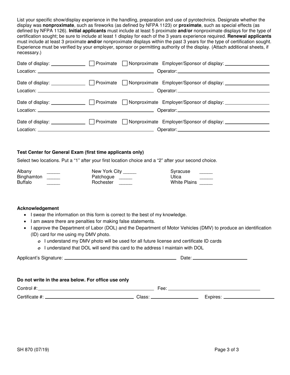 Form SH870 Application for a Pyrotechnicians Certificate of Competence - New York, Page 3