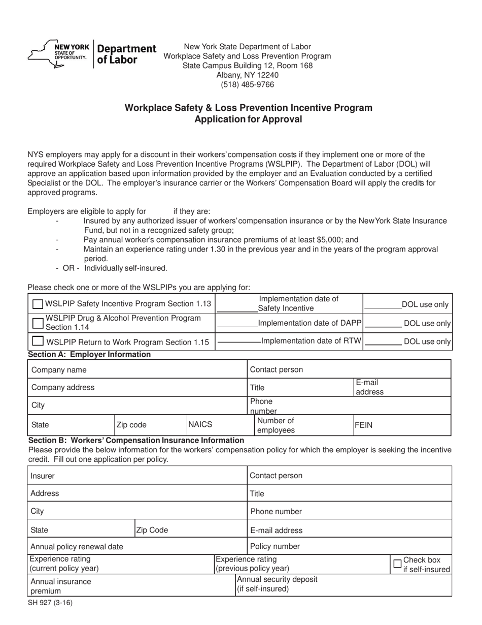 Form SH927 Workplace Safety  Loss Prevention Incentive Program Application for Approval - New York, Page 1