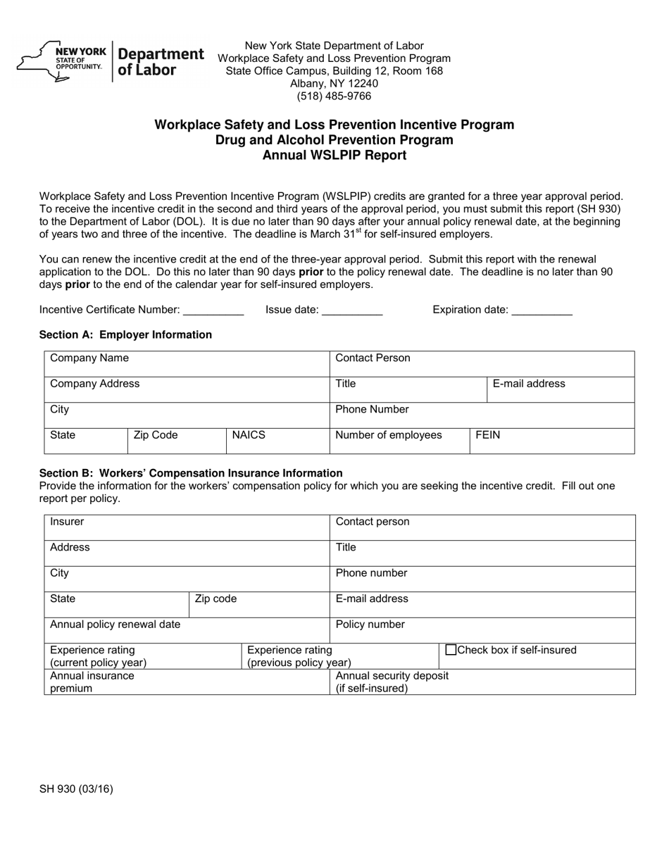 Form SH930 Workplace Safety and Loss Prevention Incentive Program Drug and Alcohol Prevention Program Annual Report - New York, Page 1