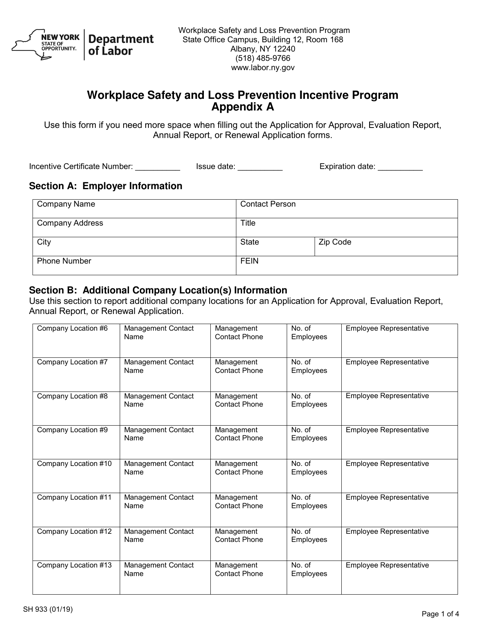 Form SH933 Appendix A Workplace Safety and Loss Prevention Incentive Program - New York