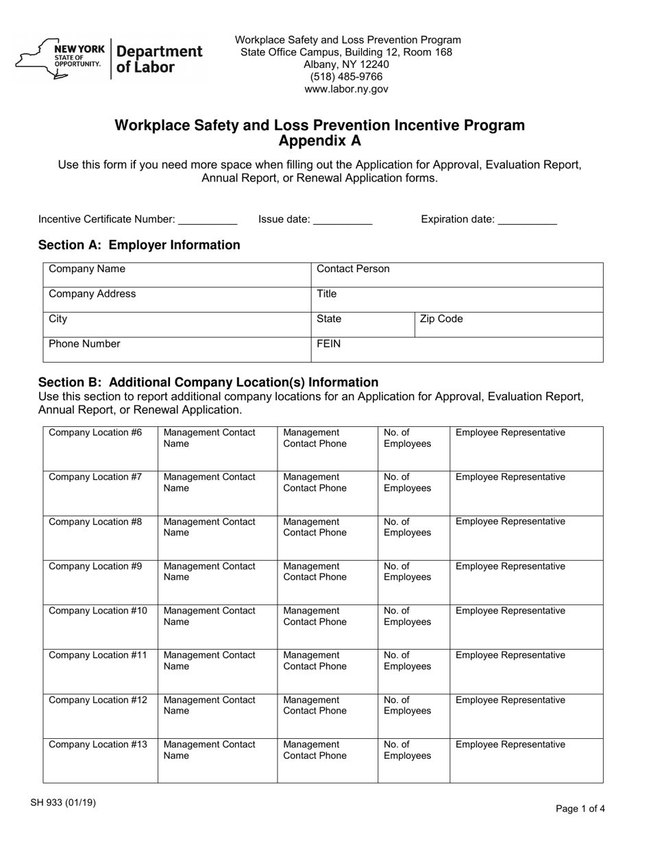 Form SH933 Appendix A Workplace Safety and Loss Prevention Incentive Program - New York, Page 1